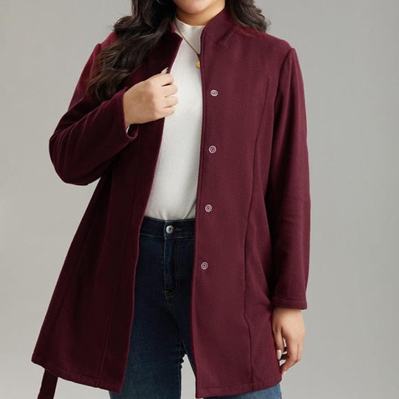 Stand collar fall button down belted coat - Picture 2 of 4